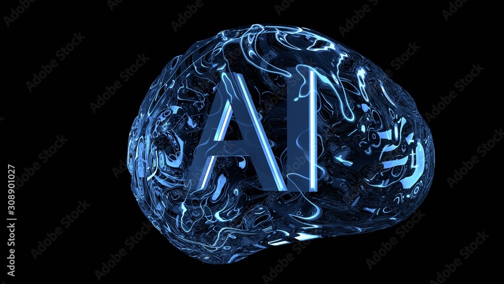 Poster 3d rendering of ai text glowing inside glass glossy human brain. blue color theme. concept for artif