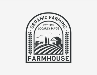 Farm vector emblem with farmhouse, cows and fields.