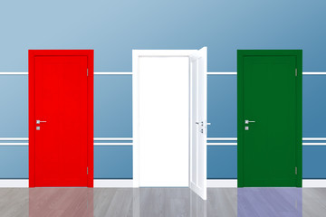 Three colorful closed doors on gray wall.
