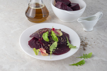 Beetroot carpaccio, a healthy food concept. A beautiful salad.Copy space.