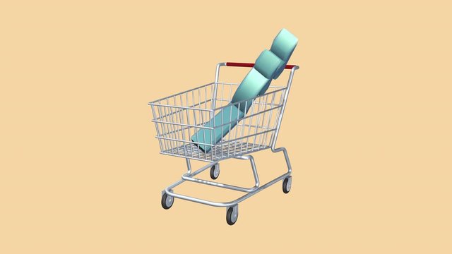 Virtual rupee sign and grocery cart as trade symbol. The animation of the sale and purchase of Indian currency or money. Isolated screen. Animation 3d icons.