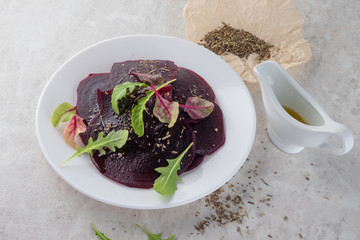 Beetroot carpaccio, a healthy food concept. A beautiful salad.Copy space.
