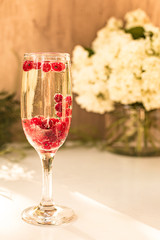 Sparkle wine in glass with red currant berries