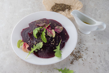 Beetroot carpaccio, a healthy food concept. A beautiful salad.Copy space.