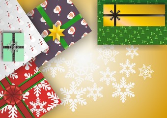 illustration of a top view layout of Christmas presents, in snowman, santa, snowflakes and Christmas tree pattern wraps, and plain wraps.