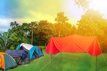 .Camping his tent Sun light