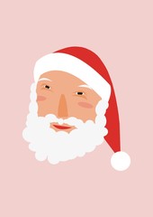 Face portrait illustration of Santa Clause on a baby pink background.