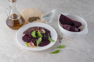 Beetroot carpaccio, a healthy food concept. A beautiful salad.Copy space.