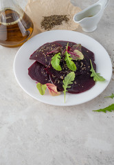 Beetroot carpaccio, a healthy food concept. A beautiful salad.Copy space.