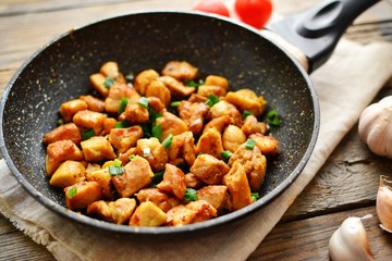 Chicken meat in a pan. Sliced ​​ chicken breast fried in a pan, wooden background.