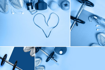 Sport fitness collage with Classic Blue color of the year 2020.