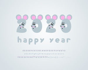 Mouse rat funny alphabet. Cartoon vector typeface set. Capital letters and numbers with cute animal faces. Greeting card: 2020 happy year