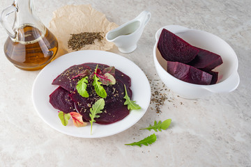 Beetroot carpaccio, a healthy food concept. A beautiful salad.Copy space.