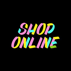 Shop Online brush sign lettering on black background. Sale design templates for greeting cards, overlays, poster