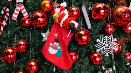 Christmas decoration. Hanging red balls, Snowflake and Red Sock on pine branches and tree background.