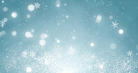 Fototapeta premium Snowflakes and bokeh lights on the blue Merry Christmas background. 3D rendering