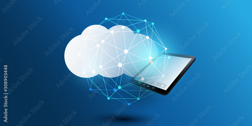 Poster cloud computing design concept - digital connections, technology background with tablet pc and geome