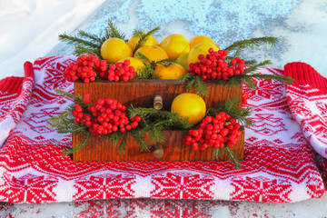 Tangerines in white wooden table, Green Spruce, Beads, Cones,