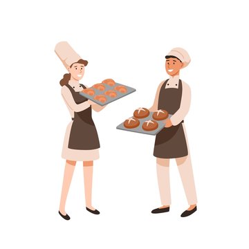 Young bakers flat vector illustration. Pastry cooks with sweet-stuff, male and female confectioners with bakery. Profession, work result. Man and woman with baking trays cartoon characters.