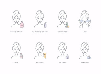 Face care routine. Girl Cleaning And Care Her Face With Various Actions Set. Skincare vector.