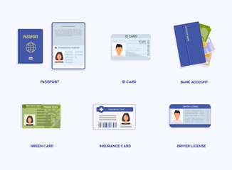 Set of Legal Documents.  ID cards, passport, student pass, migration certificate, legal contract illustration.
