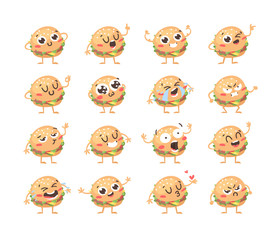 Naklejka premium Cartoon drawing set of fast food emoji. Hand drawn emotional meal.Actual Vector illustration american cuisine. Creative ink art work burger