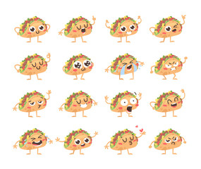 Cartoon drawing set of fast food emoji. Hand drawn emotional meal.Actual Vector illustration american cuisine. Creative ink art work mexican tacos