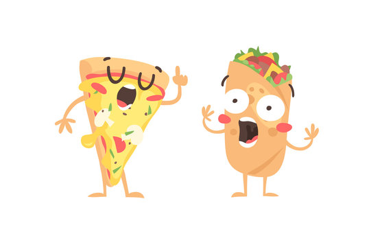 Cartoon drawing set of fast food emoji. Hand drawn emotional meal.Actual Vector illustration mexican and italian cuisine. Creative ink art work pizza and  burrito