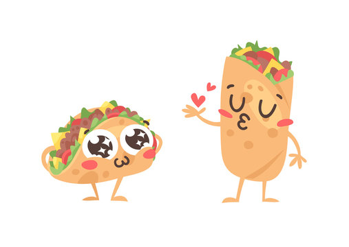 Cartoon drawing set of fast food emoji. Hand drawn emotional meal.Actual Vector illustration mexican cuisine. Creative ink art work  burrito and tacos