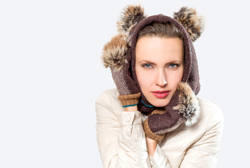 Winter woman wearing fur hat with ears, concept of 2020 new year, mouse symbol	