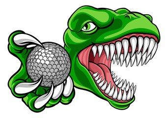 A dinosaur T Rex or raptor golf player cartoon animal sports mascot holding a ball in its claw © Christos Georghiou