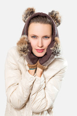 Winter woman wearing fur hat with ears, concept of 2020 new year, mouse symbol	