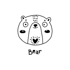 Cute, simple bear face cartoon style. Vector illustration