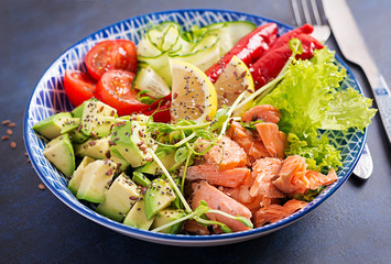 Healthy grilled salmon, avocado, tomato, cucumber, paprika and chia seeds. Balanced lunch in blue bowl. Buddha bowl.