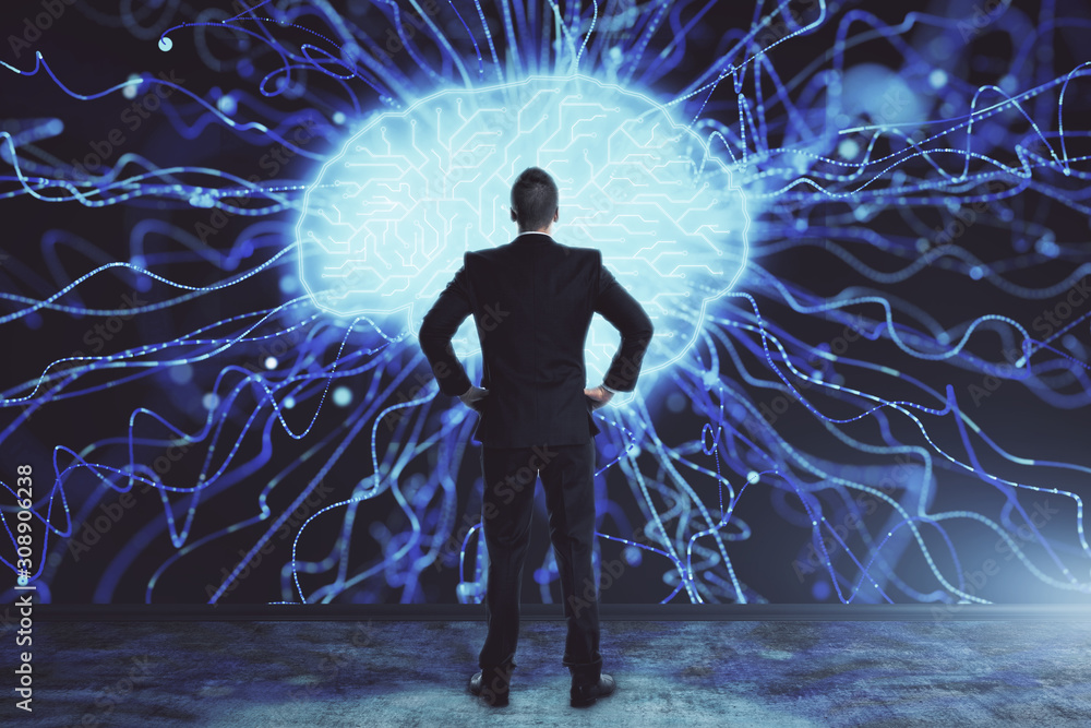 Poster man and brain icon hologram. double exposure. concept of data development