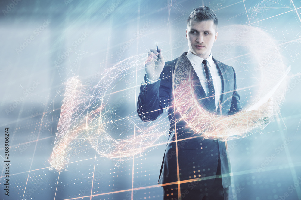 Poster man and blockchain theme hologram. multi exposure. concept of cryptocurrency