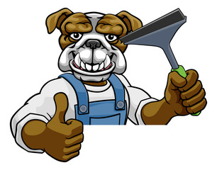 A bulldog cartoon mascot car or window cleaner holding a squeegee tool peeking round a sign and giving a thumbs up