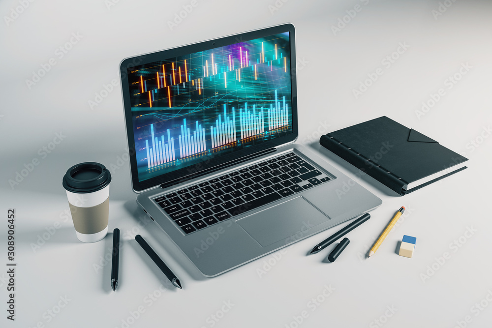 Poster laptop closeup with forex graph on computer screen. financial trading and education concept. 3d rend