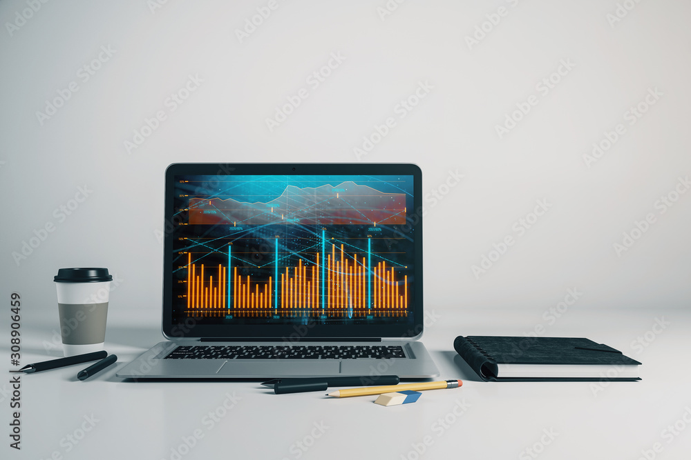 Poster laptop closeup with forex graph on computer screen. financial trading and education concept. 3d rend