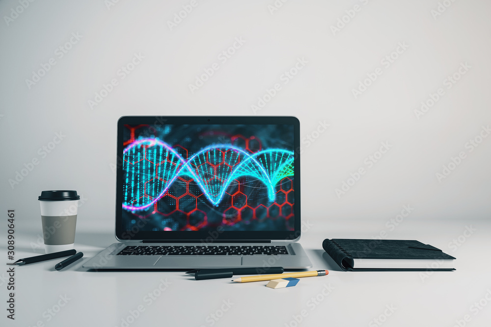 Poster laptop closeup with dna drawing on computer screen. education concept. 3d rendering.