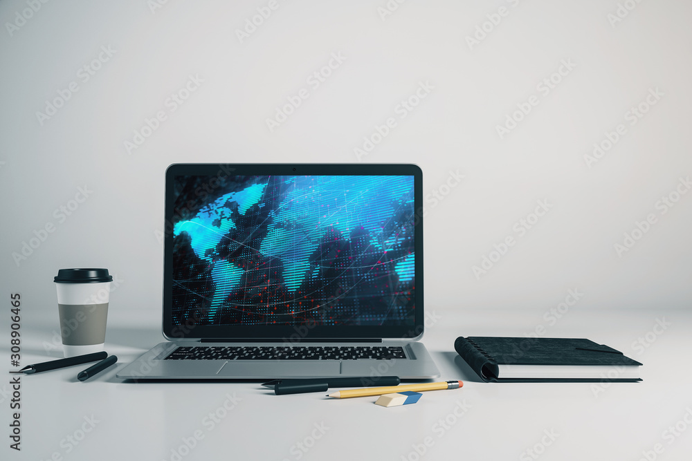 Poster laptop closeup with world map on computer screen. international education concept. 3d rendering.