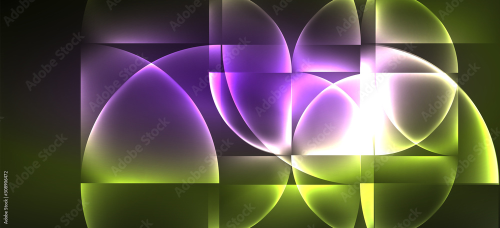 Fototapete techno glowing glass geometric shapes vector background, futuristic dark template with neon light ef