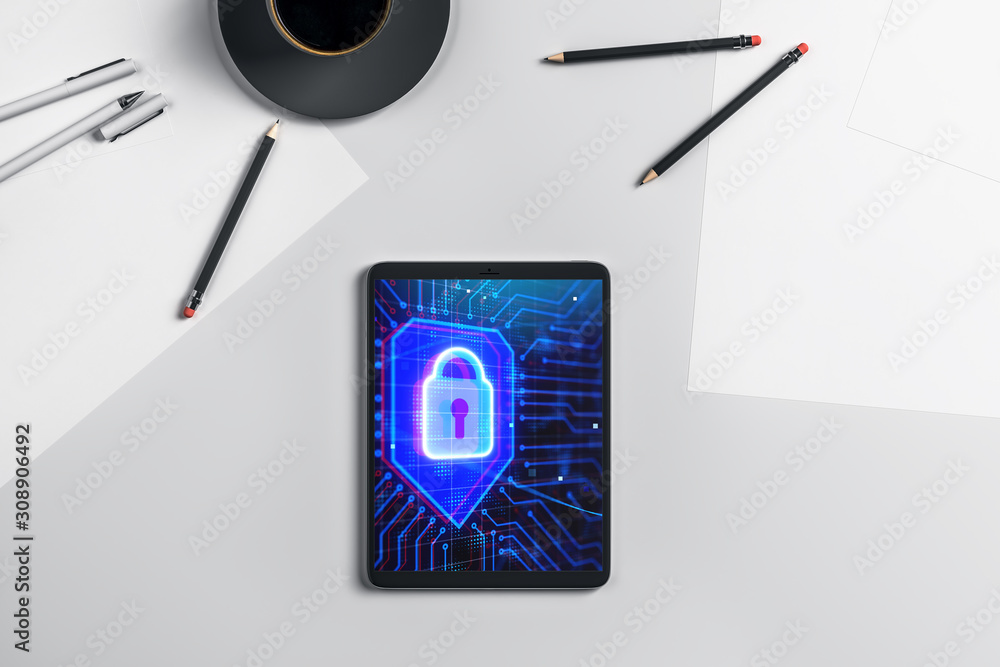 Aufkleber digital tablet closeup with lock icon drawing on screen. data safety concept. 3d rendering.