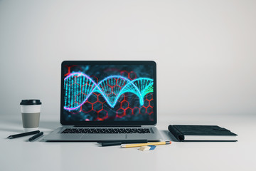 Laptop closeup with dna drawing on computer screen. Education concept. 3d rendering.