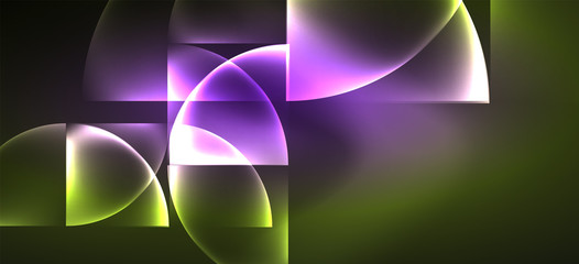 Techno glowing glass geometric shapes vector background, futuristic dark template with neon light effects and simple forms