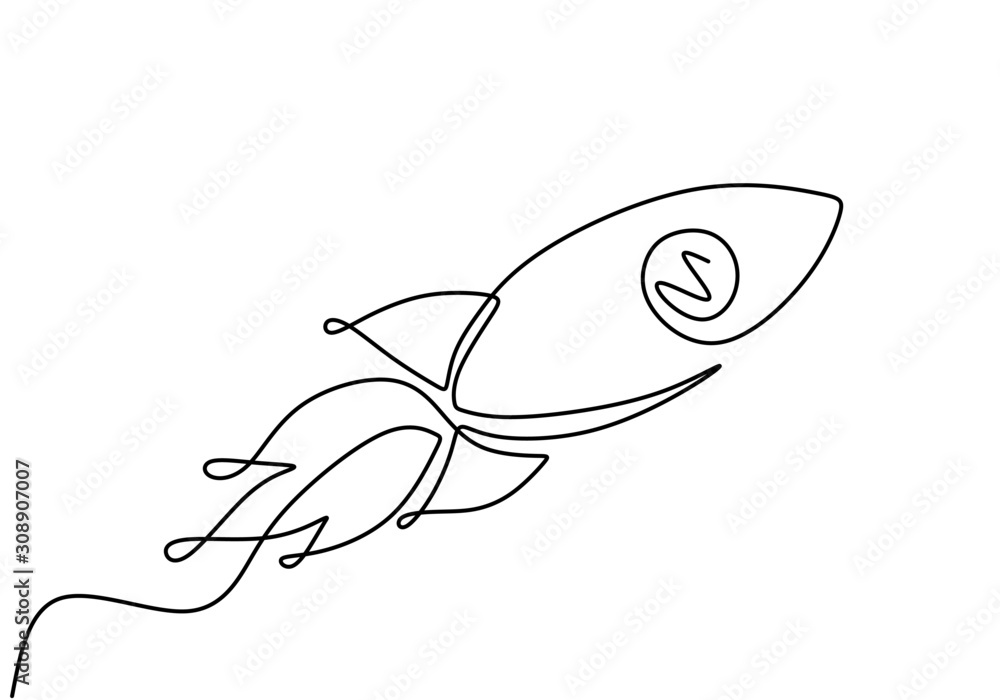 Poster rocket one line drawing. spaceship concept vector minimalism style. single sketch lineart.