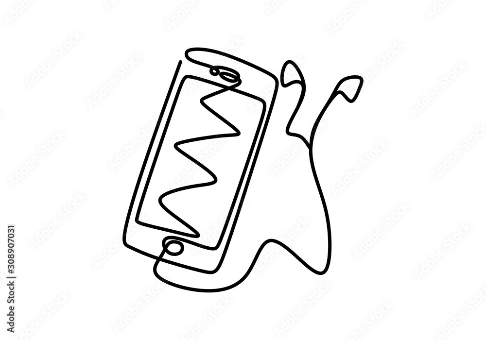 Poster continuous one line drawing of phone or smartphone with earphone plugged. vector technology objects.