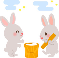 餅つきをするウサギ