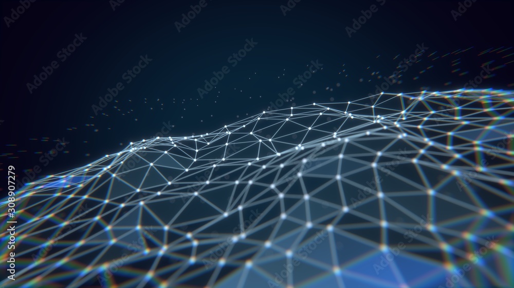 Poster plexus glow blue background on the darc blue space. 3d rendering