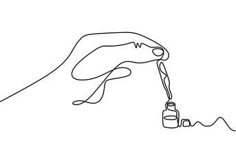 Obraz premium Continuous one line drawing of hand holding glass pipette. Essential oils bottle minimalism design vector.